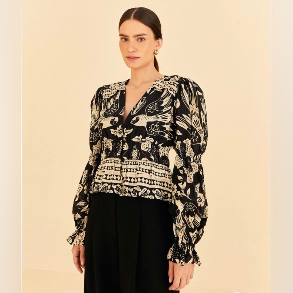 Farm Rio Black Graphic Floral Blouse